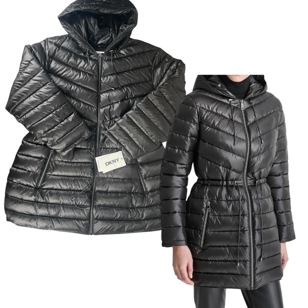 DKNY Womens Plus Size Black Hooded Puffer Jacket Coat Cinched Waist Size 2X NWT